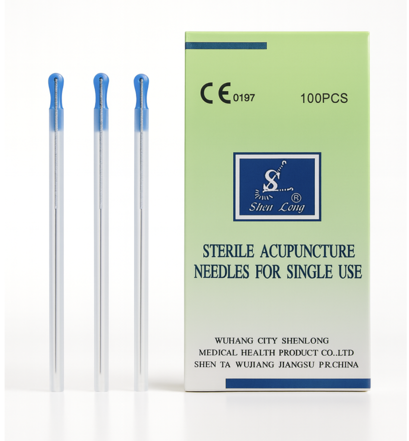 Igły do akupunktury z POSREBRZANYM uchwytem i prowadnicą 100 szt. SILIKONOWANE