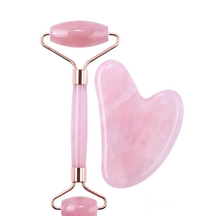 Zestaw GUA SHA różowy kwarc roller i serce